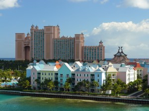 View of houses and the Atlantis Resort in the Bahamas