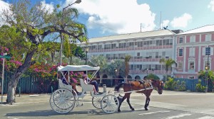 A horse-drawn carriage makes its way through Nassau in the Bahamas
