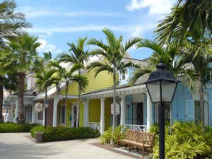Colorful shops at Marina Village in the Bahamas