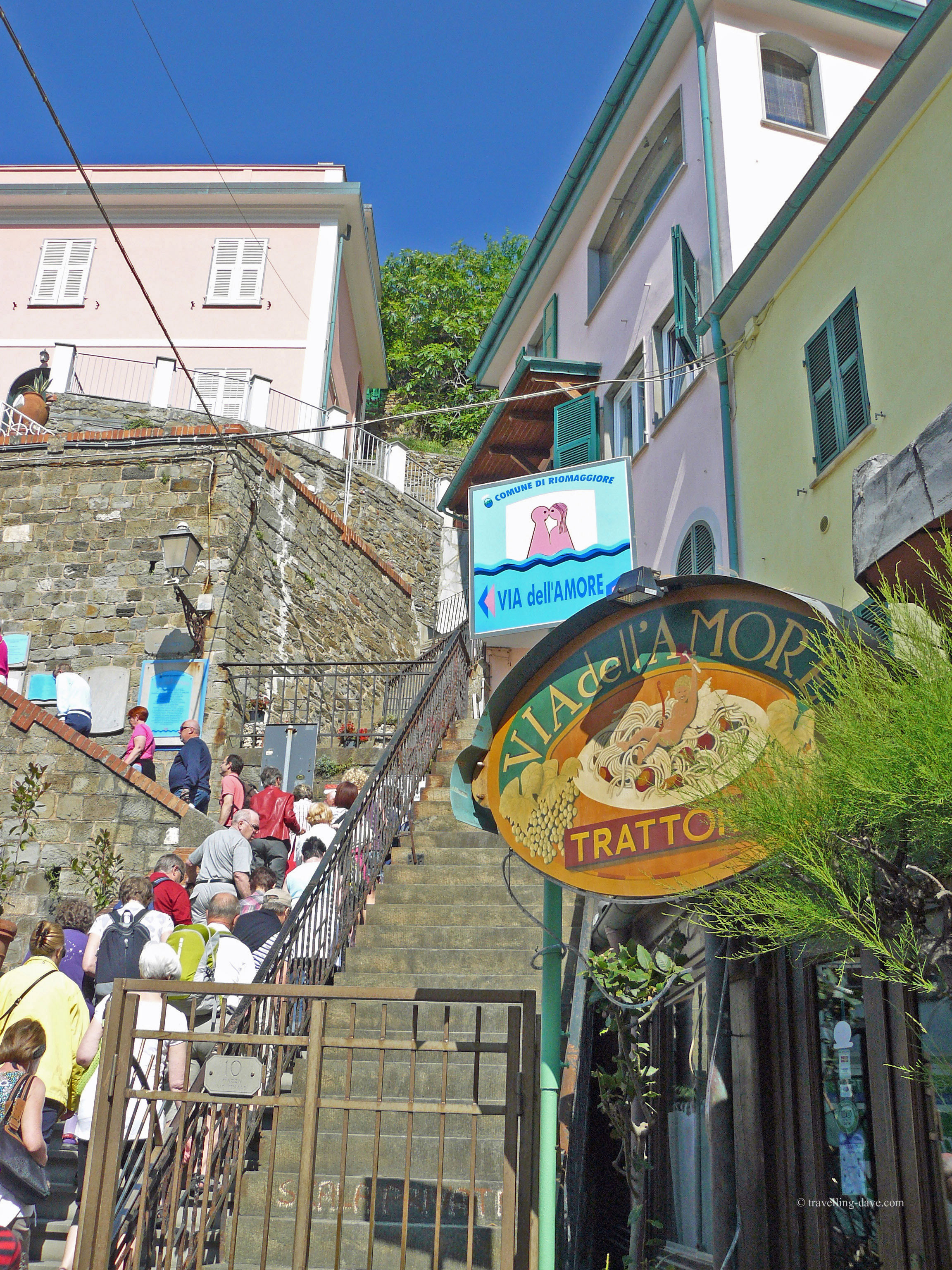 People climbing steps at the start of the Lovers' Walk in Riomaggiore