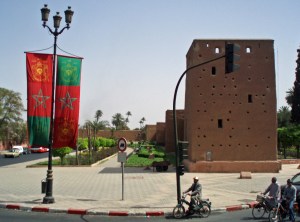 Flags by the city walls in Marrakech