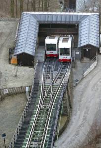 Looking down at the funicular in Salzburg