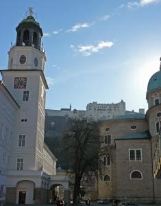 Looking up at the Glockenspiel in Salzburg