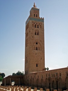 Looking up at Koutoubia Mosque Minaret in Marrakech