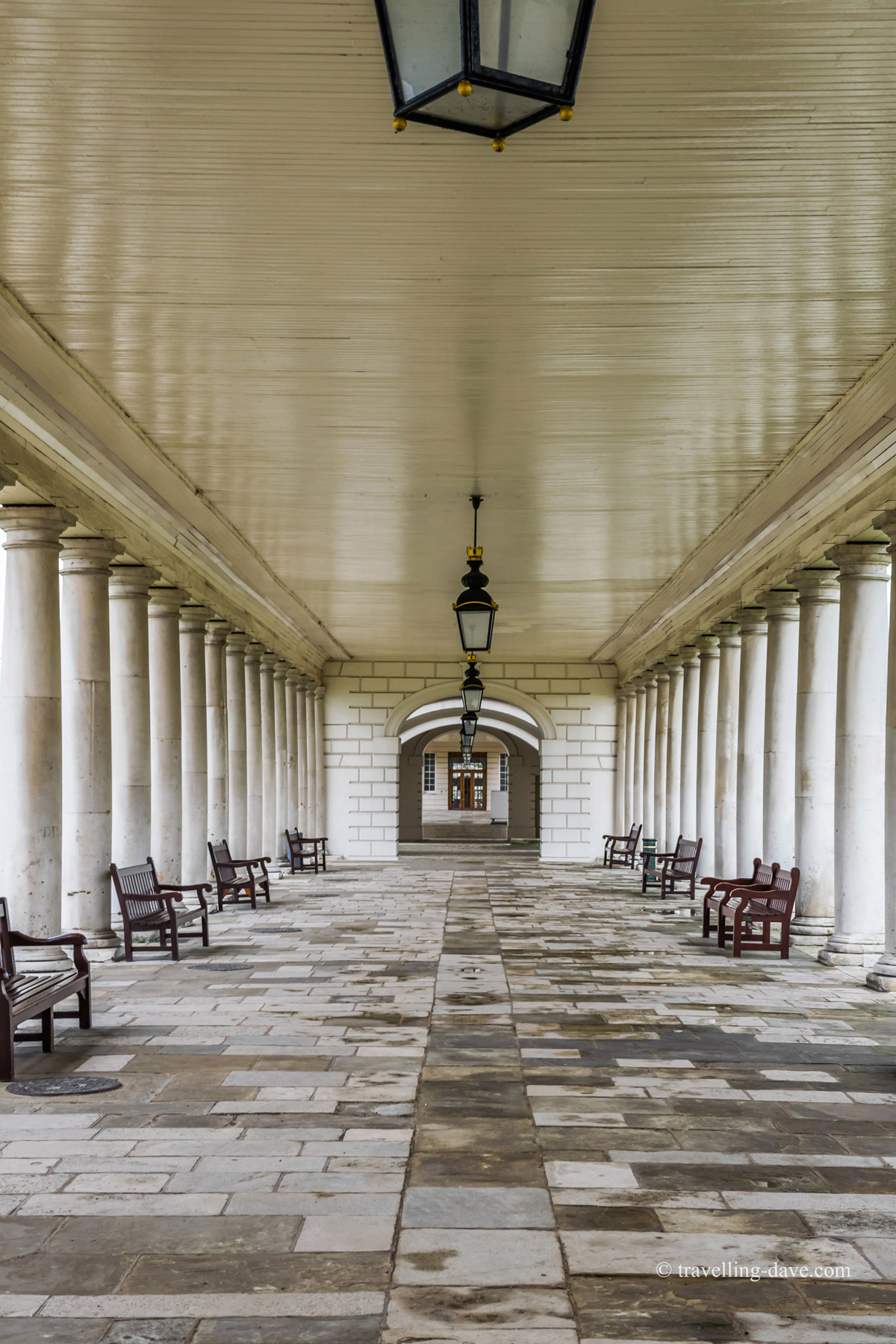 Looking down the Queen's House colonnade in Greenwich