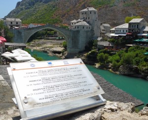 View of the UNESCO plaque and river Neretva in Mostar