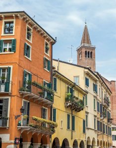 View of some colourful houses in the city of Verona