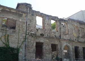 View of a building damaged during the Balkan War in Mostar