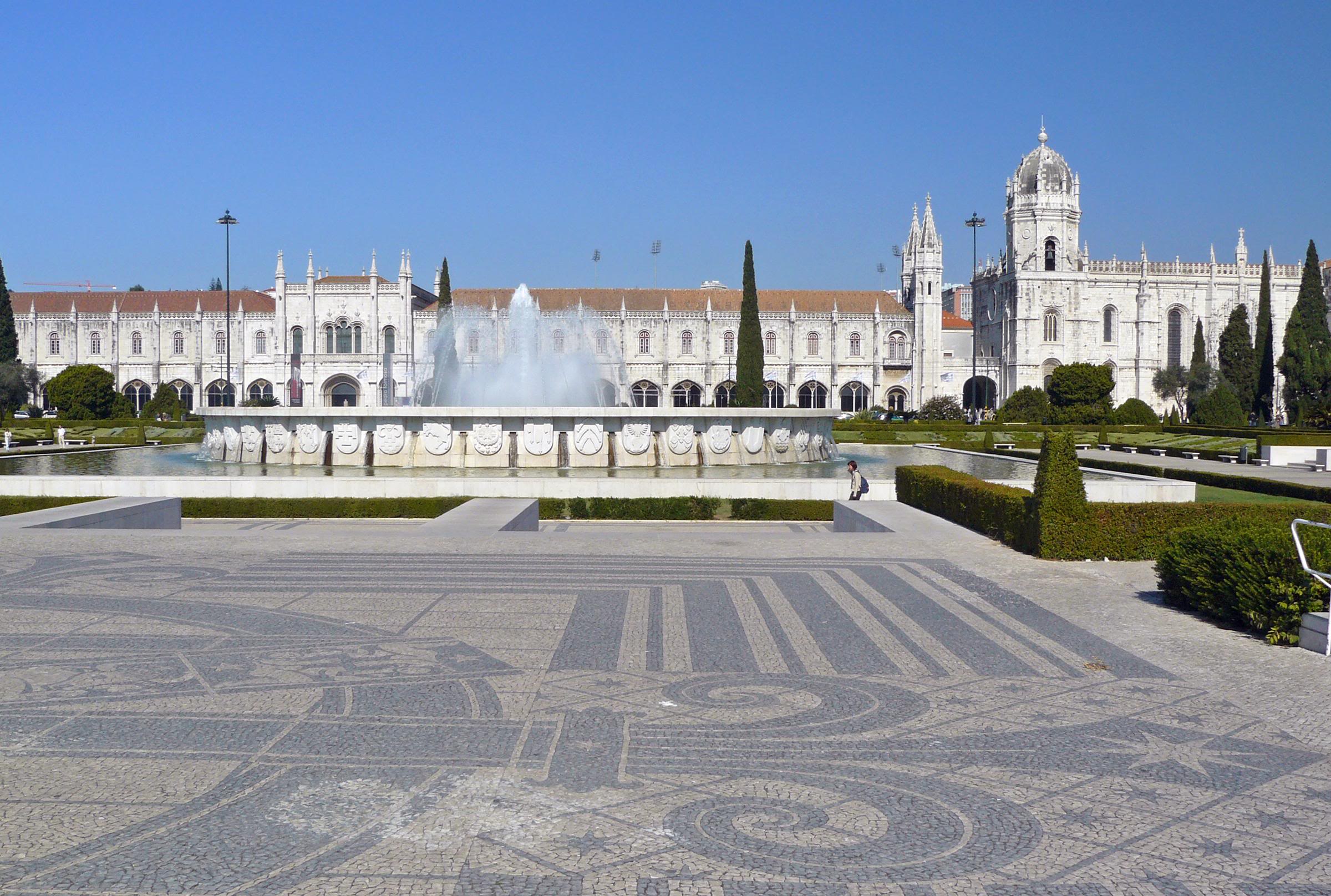 View of Jeronimos Monastery and fountain in Lisbon