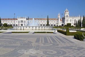 View of Jeronimos Monastery and fountain in Lisbon