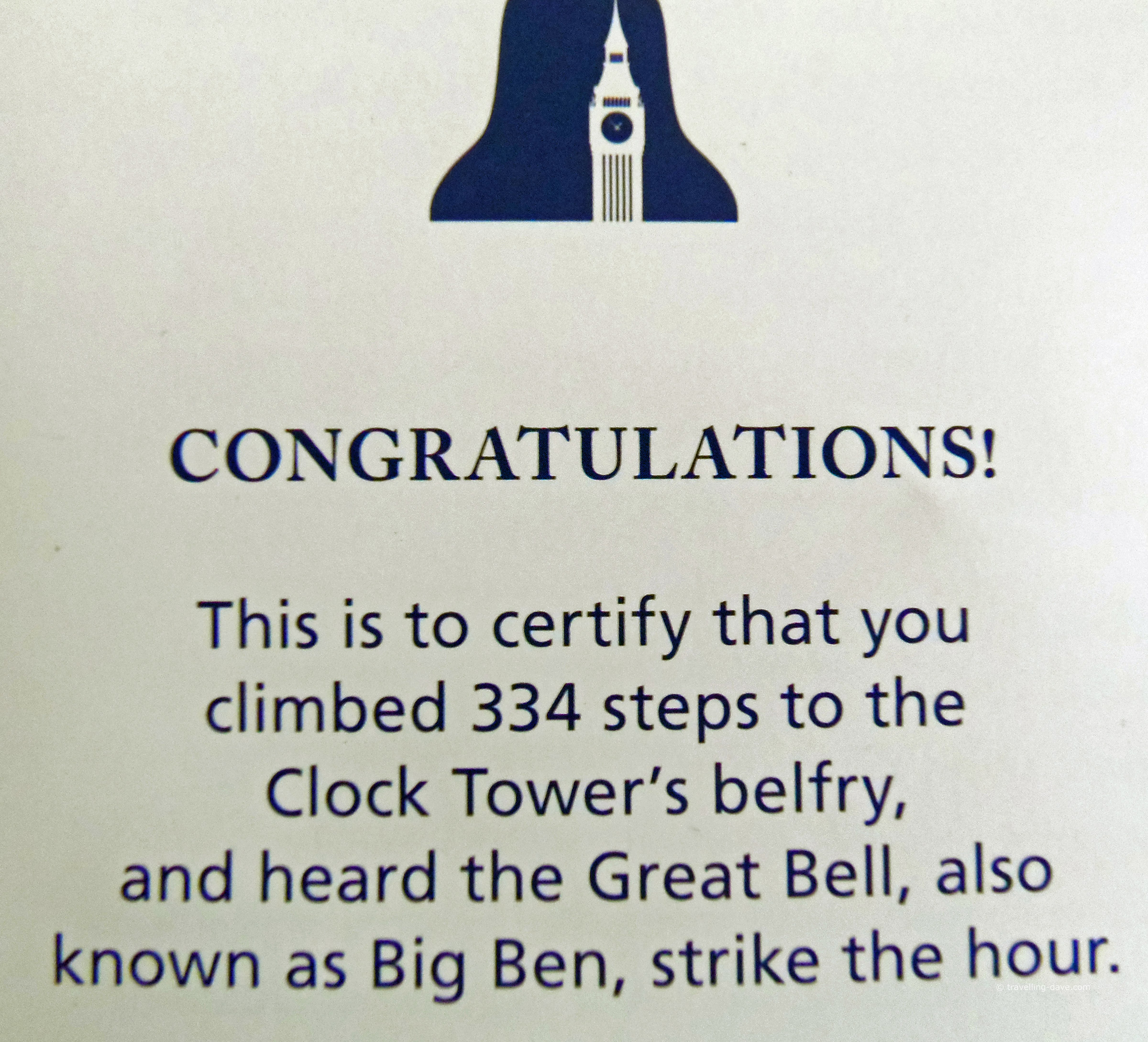 View of the certificate awarded for the Elizabeth Tower climb