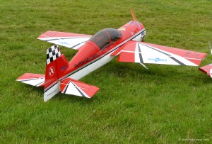View of a red and white model aircraft