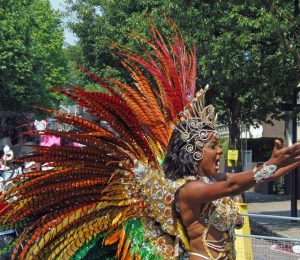 A woman wearing a feathers costume