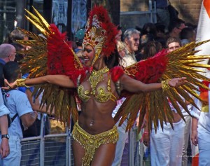 A woman wearing a winged costume