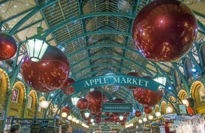 Giant Christmas baubles over the Apple Market
