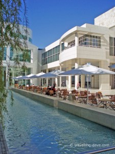 Tables by the water feature at the Getty Center