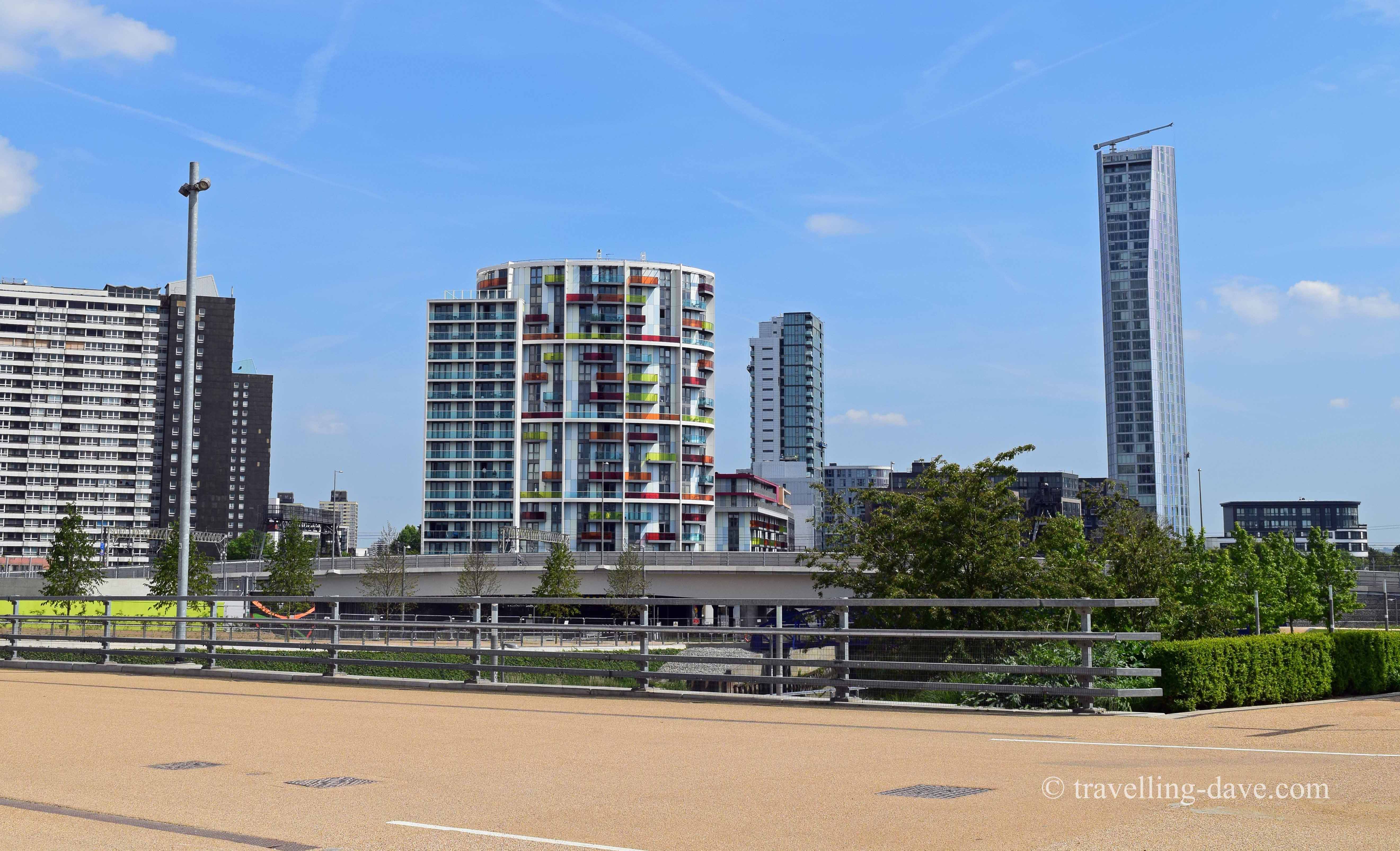 View of buildings by London's Olympic Park