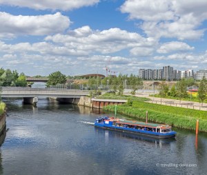 View of a boat on the river at London's Olympic Park