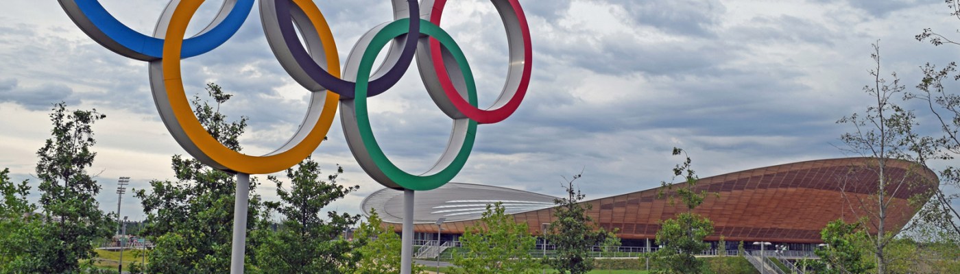 View of the velodrome and the Olympic Rings