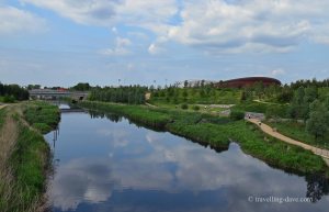 View of the velodrome and the river Lee in London