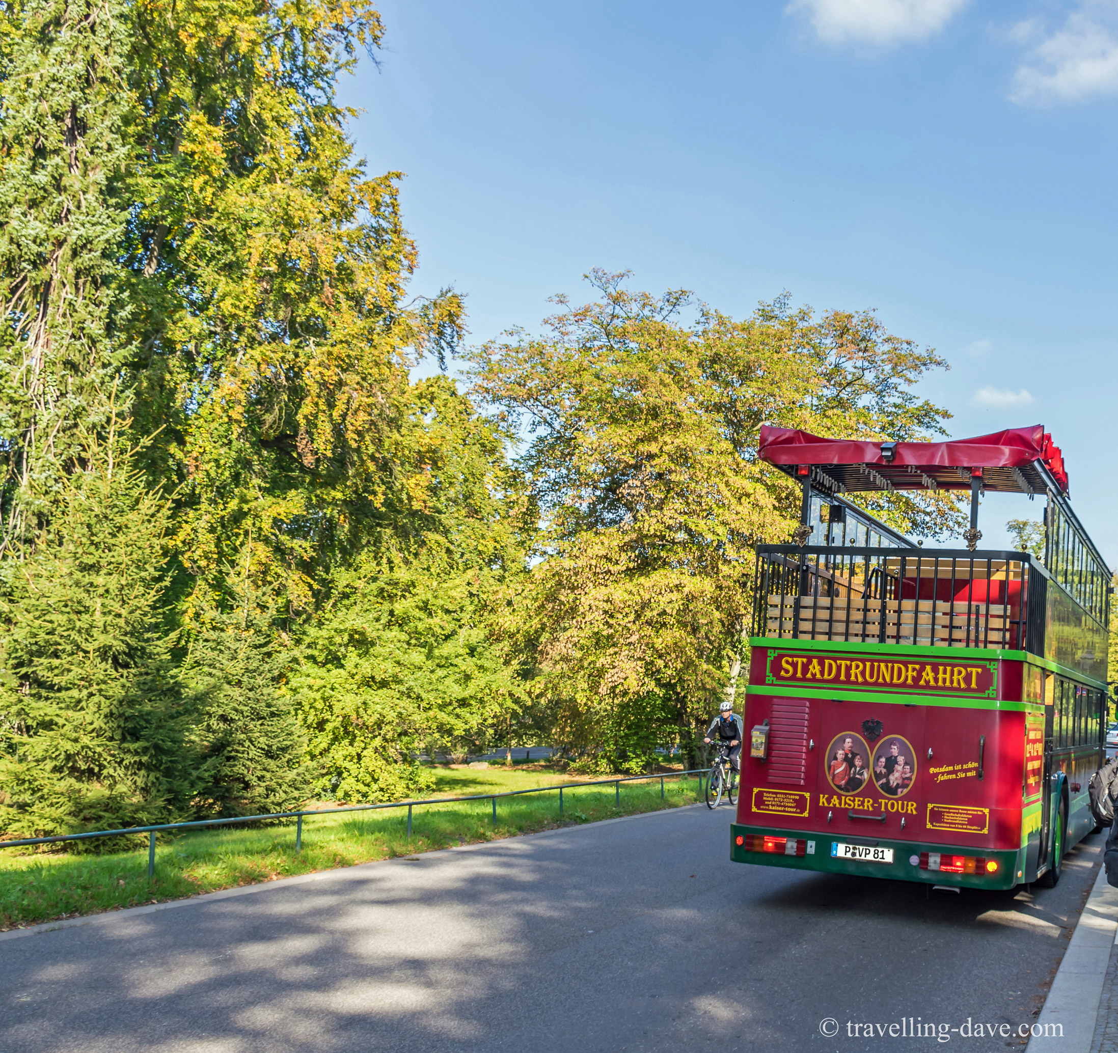 View of a red tour bus in Potsdam