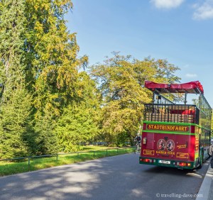 View of a red tour bus in Potsdam