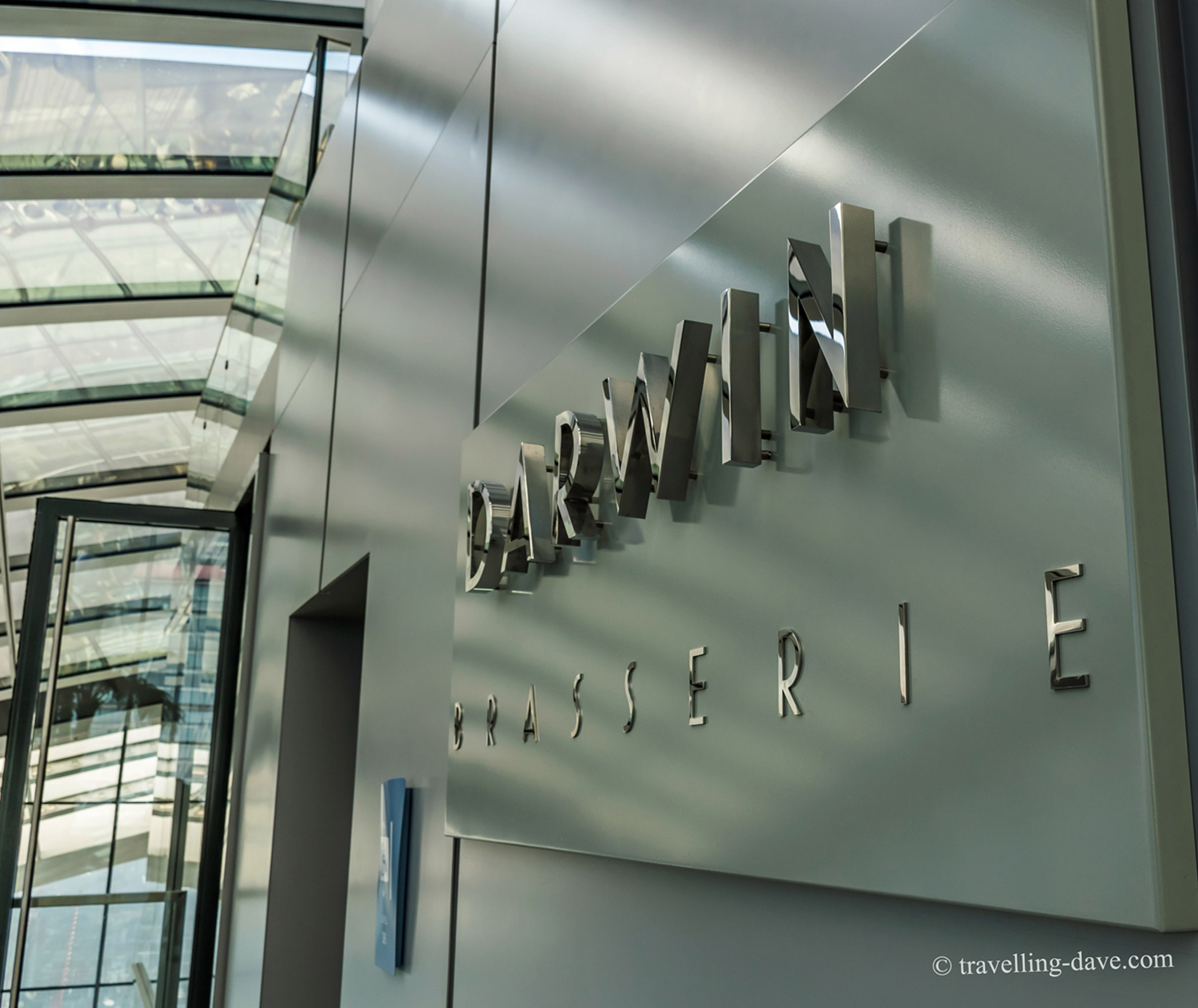 View of the sign at the entrance to Darwin Brasserie