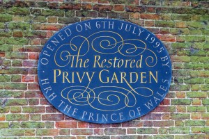 View of the blue commemorative plaque of the Privy Garden