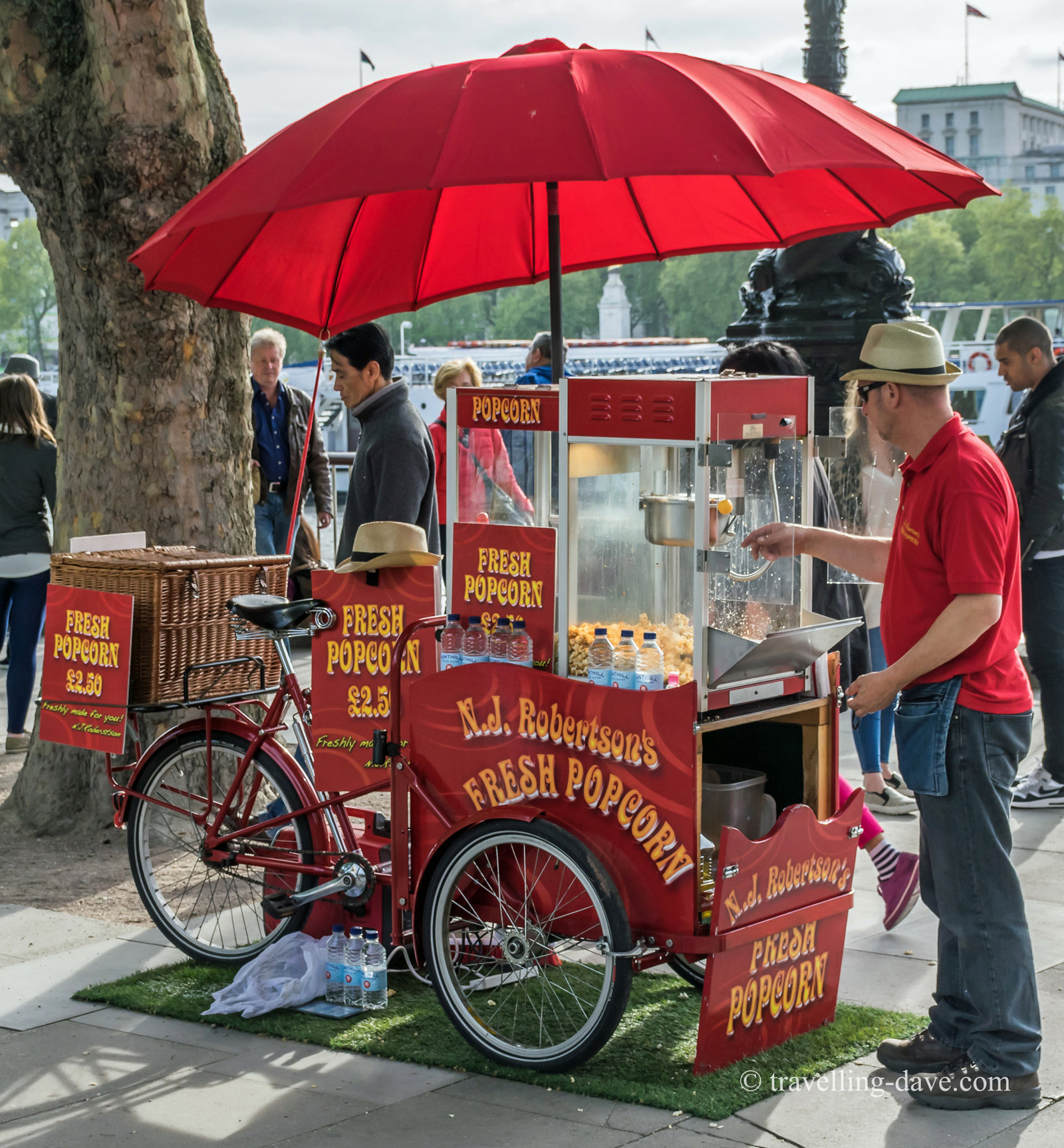 View of a red popcorn cart
