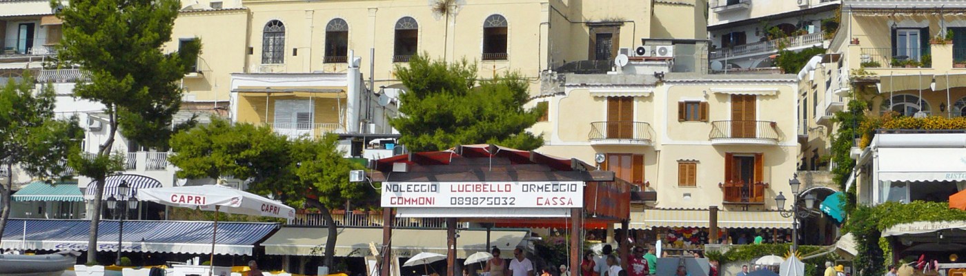 View of the beach and the cathedral in Positano
