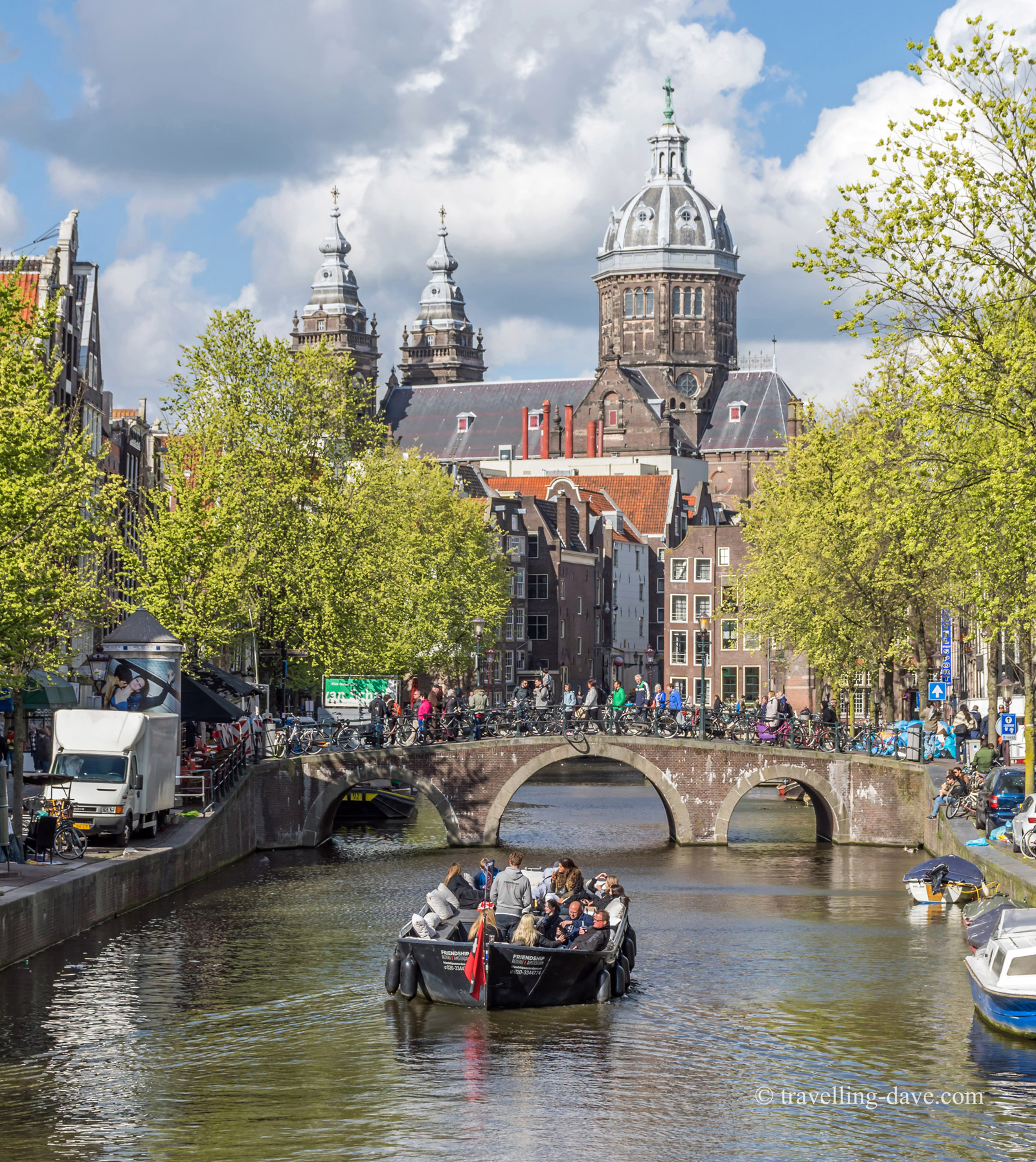 View of a church and bridge over a canal in Amsterdam