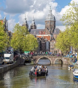 View of a church and bridge over a canal in Amsterdam