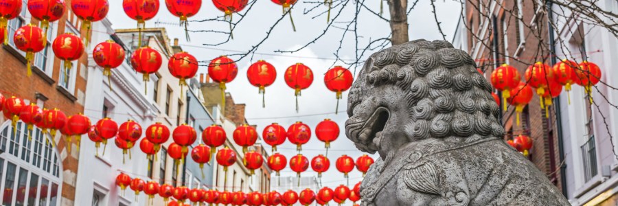 Lanterns and lion statues in London's Chinatown
