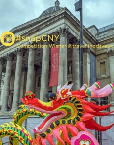 Red dragon's head against the facade of the National Gallery