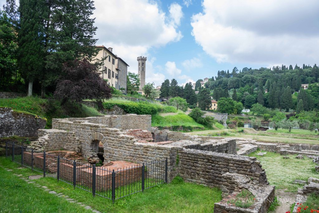 View of the ruins of the Roman Baths in the town of Fiesole in Italy