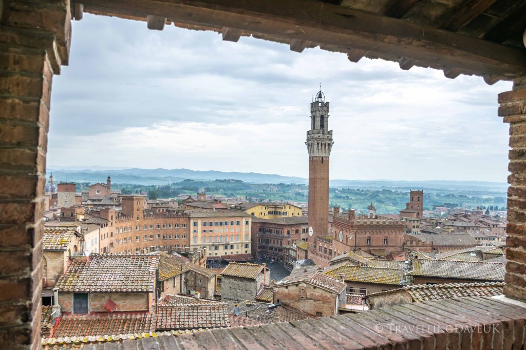 A panoramic view of Piazza del Campo in Siena in Italy from the Facciatone lookout